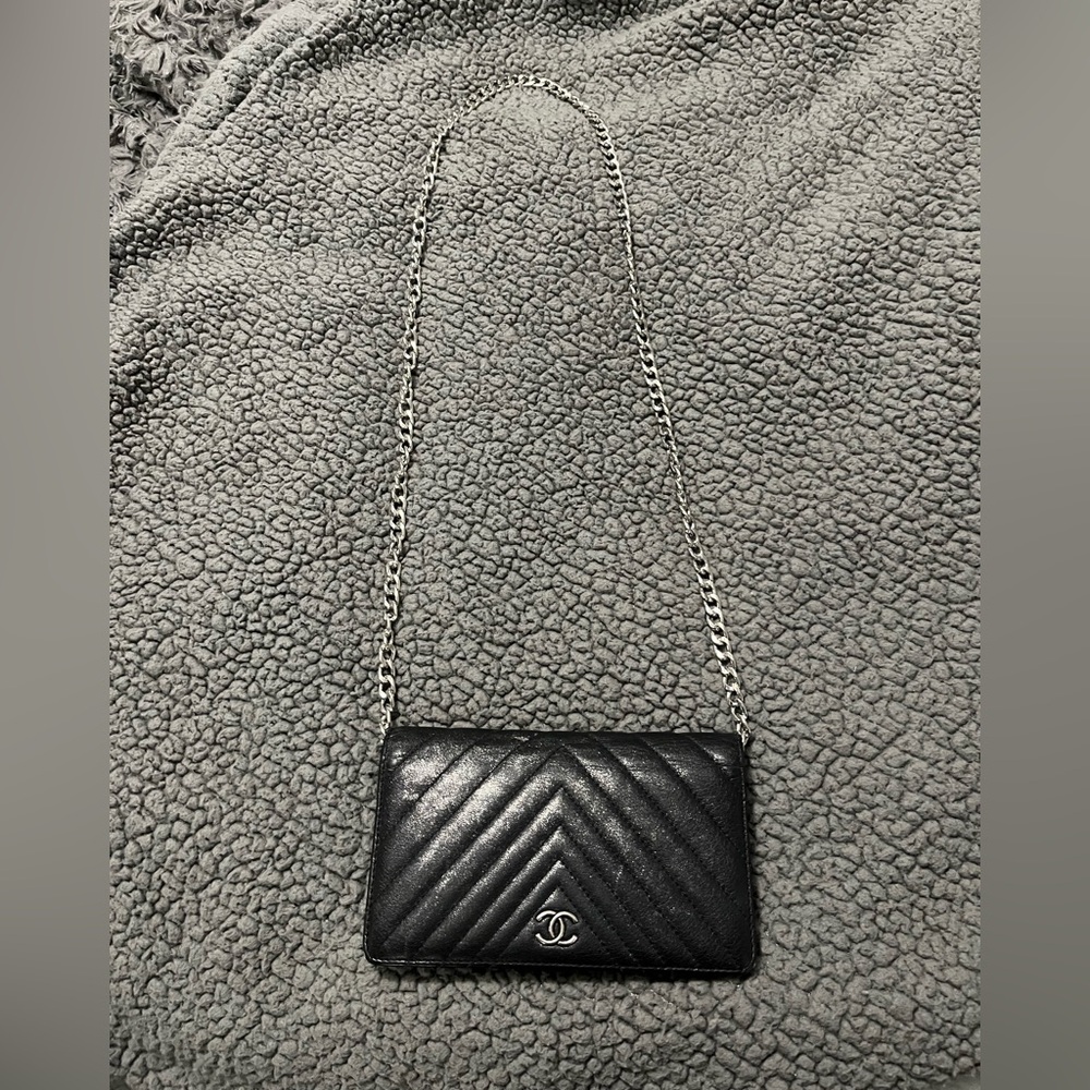 Chanel Black Quilted Leather wallet on chain (removable)